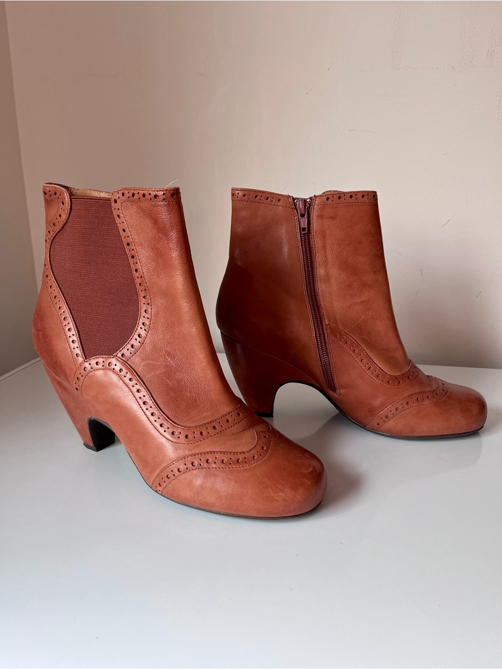 Miz Mooz Tallys Leather Ankle Boots Cognac Brogue Heeled Size 9